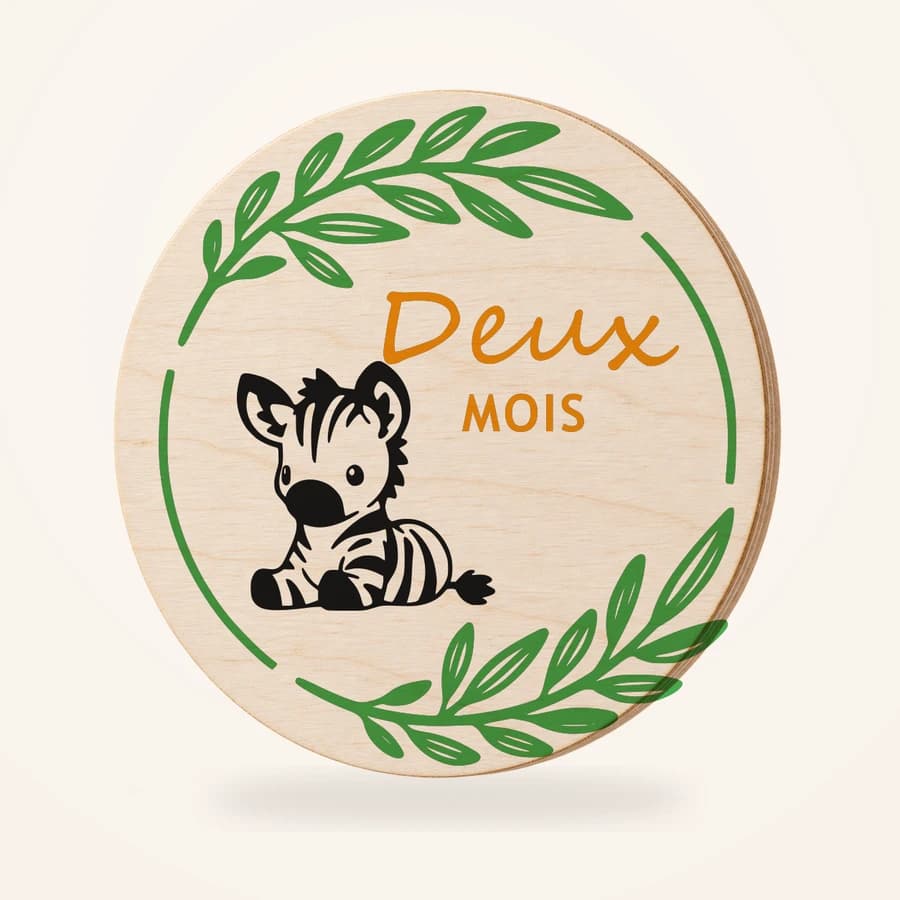 Deux MOIS, disque en bois avec illustration Zèbre