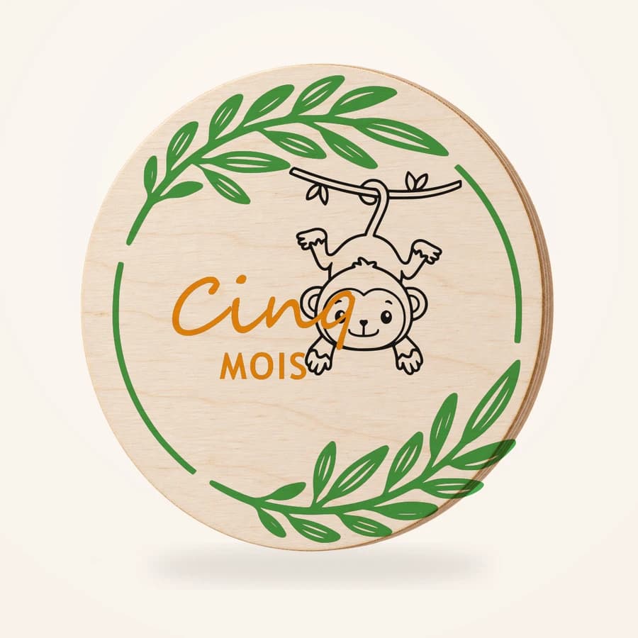 Cinq MOIS, disque en bois avec illustration Singe