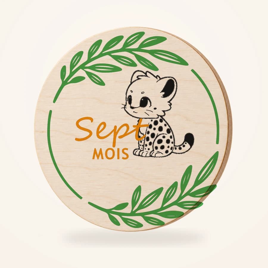 Sept MOIS, disque en bois avec illustration Léopard