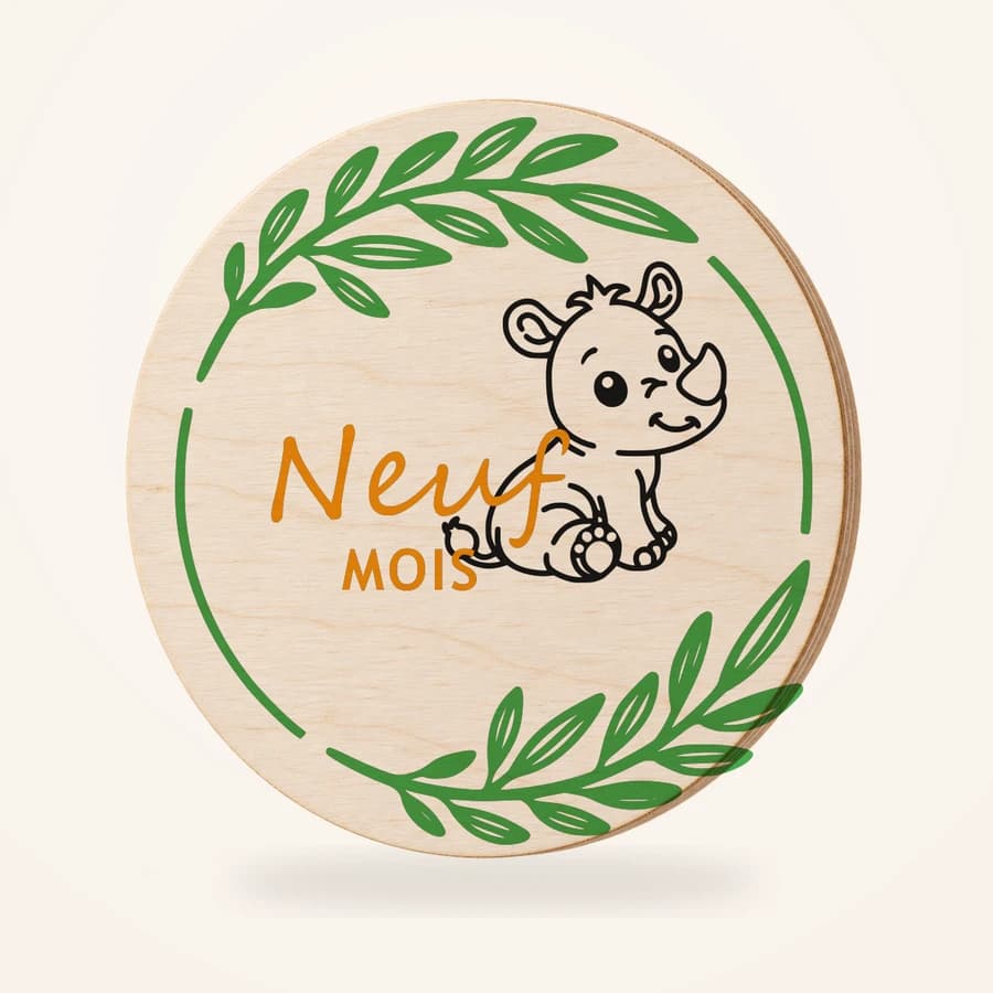 Neuf MOIS, disque en bois avec illustration Rhinocéros