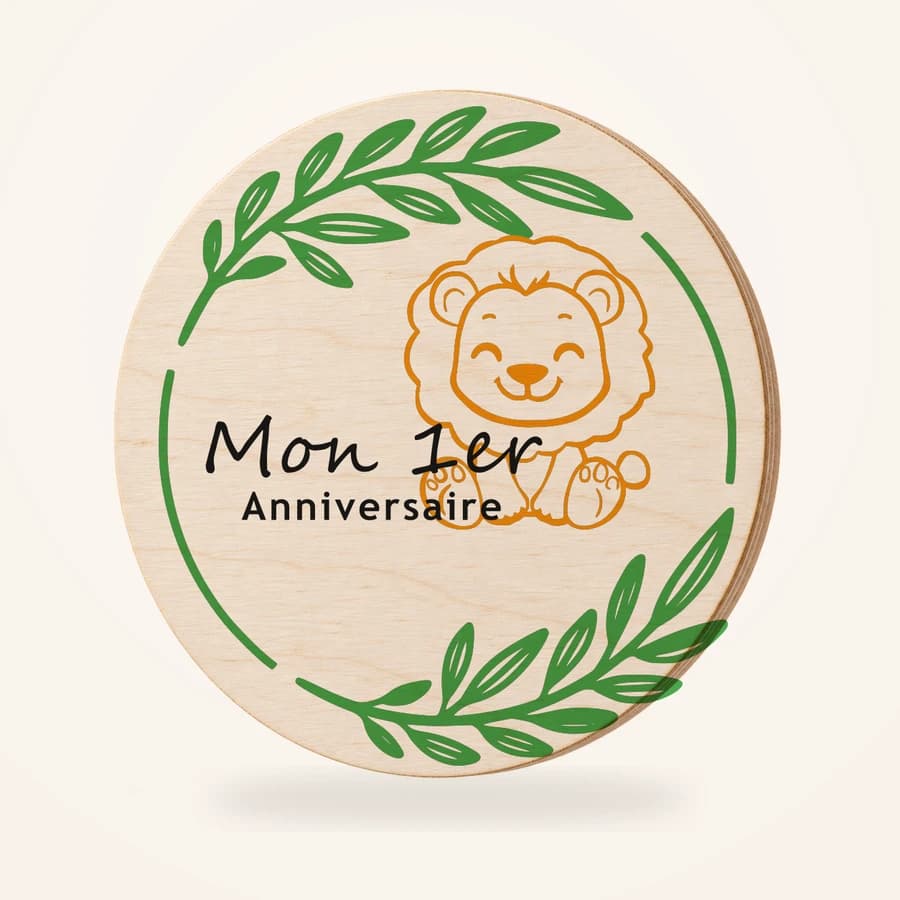 Mon 1er Anniversaire, disque en bois avec illustration Lion