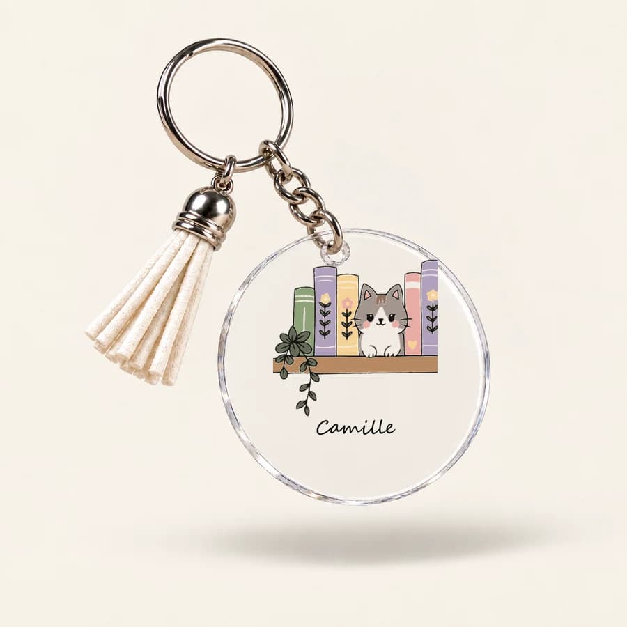Porte-clés Book Lover — modèle Chat & livres + prénom