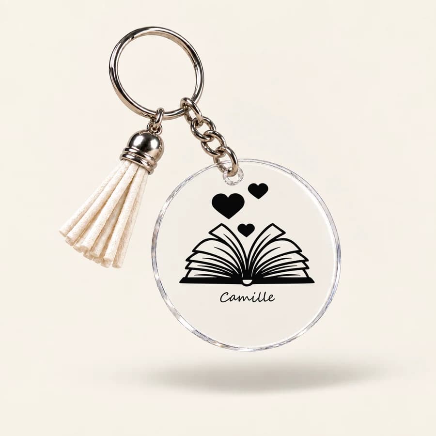 Porte-clés Book Lover — modèle Livre ouvert + prénom