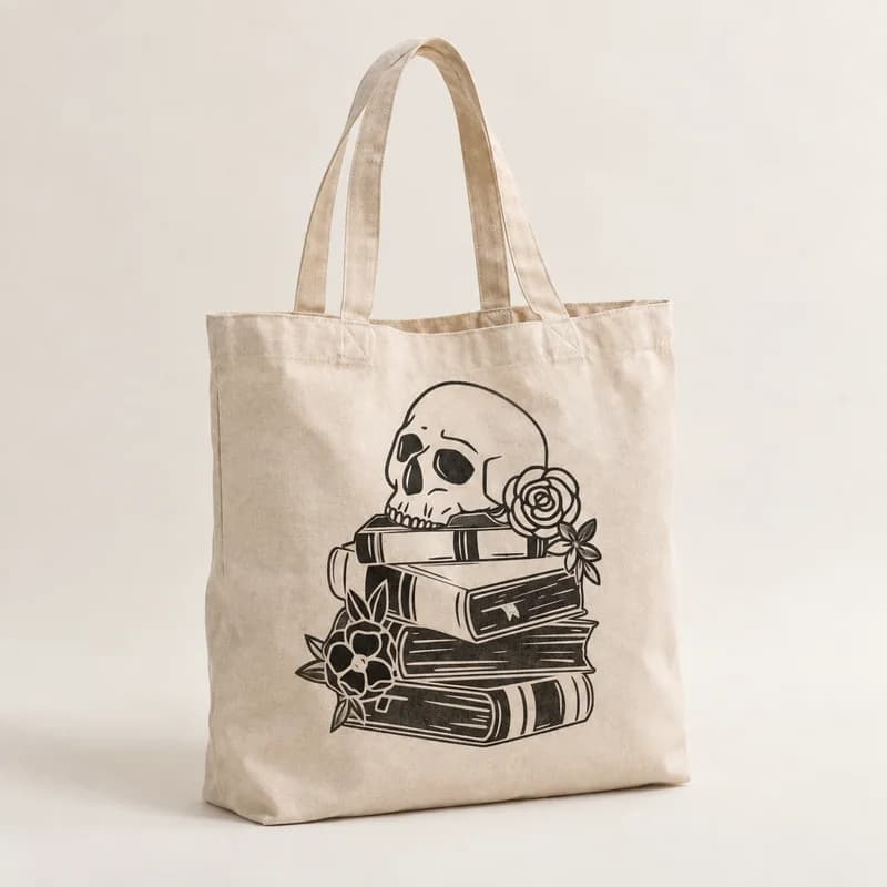 Tote bag « Crâne & vieux livres » — photographie réaliste du produit personnalisé