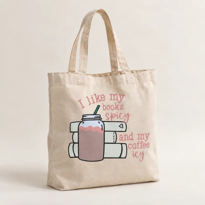 Tote bag « Livres épicés, café glacé » — photographie réaliste du produit personnalisé