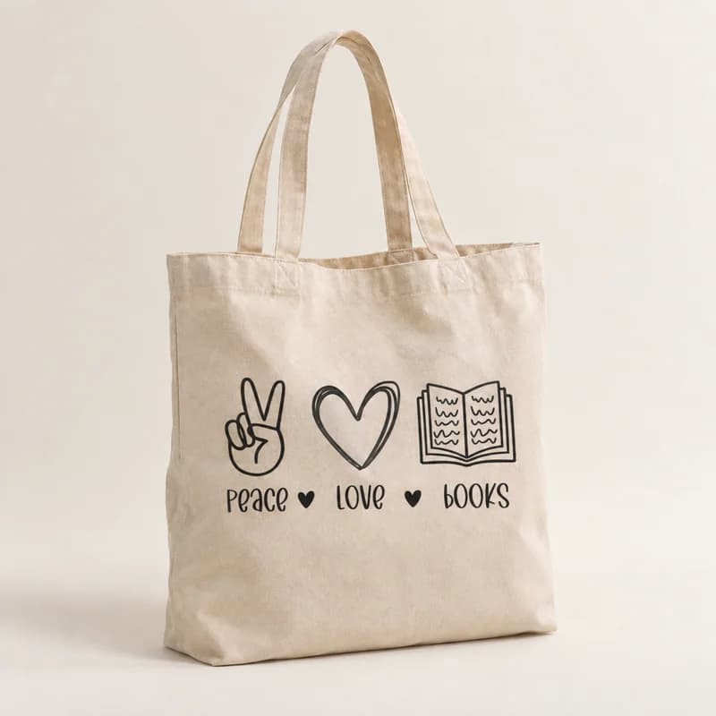 Tote bag « Paix, amour et lecture » — photographie réaliste du produit personnalisé