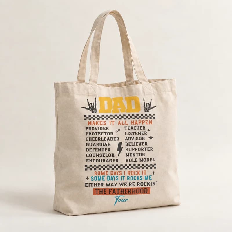 Tote bag « Les qualités de papa » — photographie réaliste du produit personnalisé
