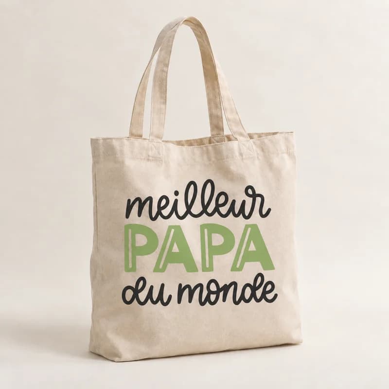 Tote bag « Meilleur papa du monde » — photographie réaliste du produit personnalisé