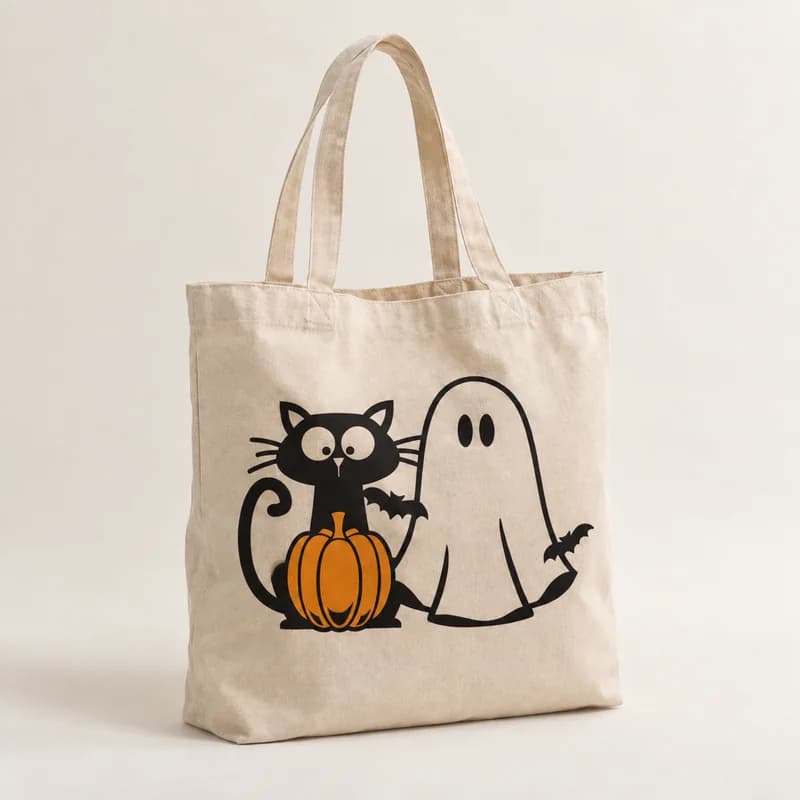Tote bag « Chat noir & fantôme » — photographie réaliste du produit personnalisé