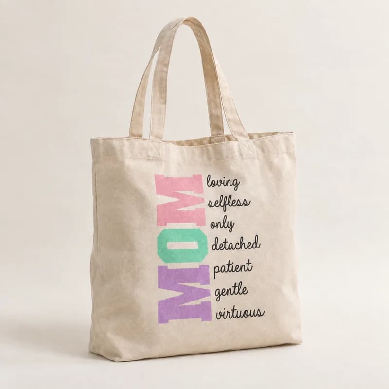 Tote bag « Maman en sept mots » — photographie réaliste du produit personnalisé