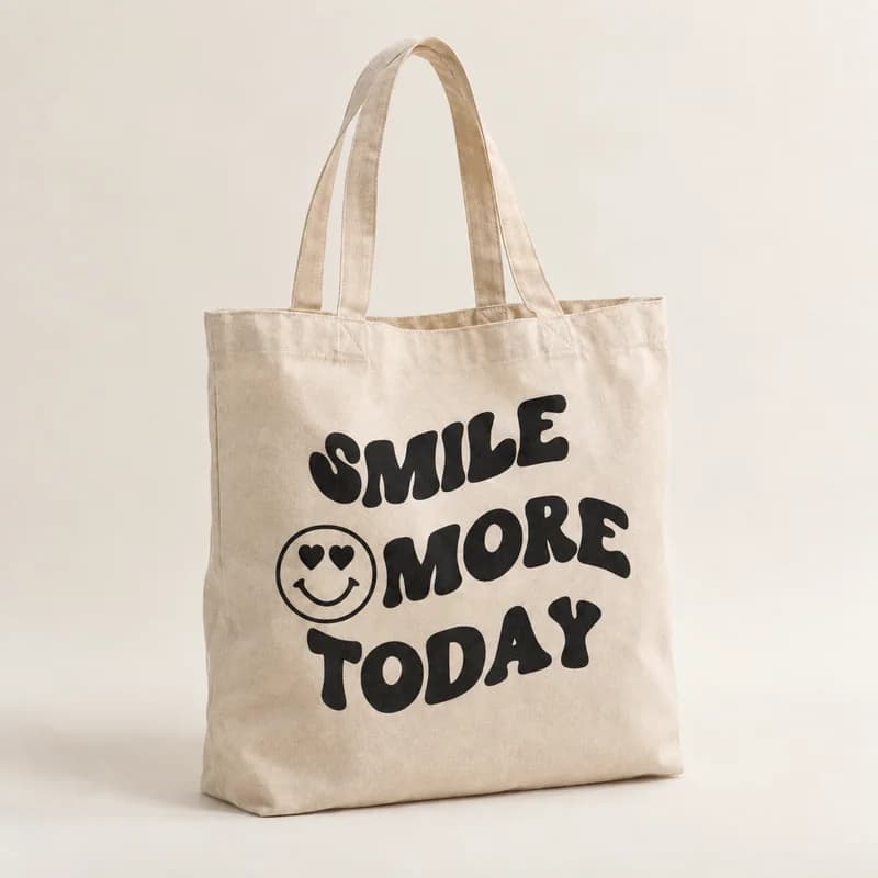 Tote bag « Smile More Today » — photographie réaliste du produit personnalisé